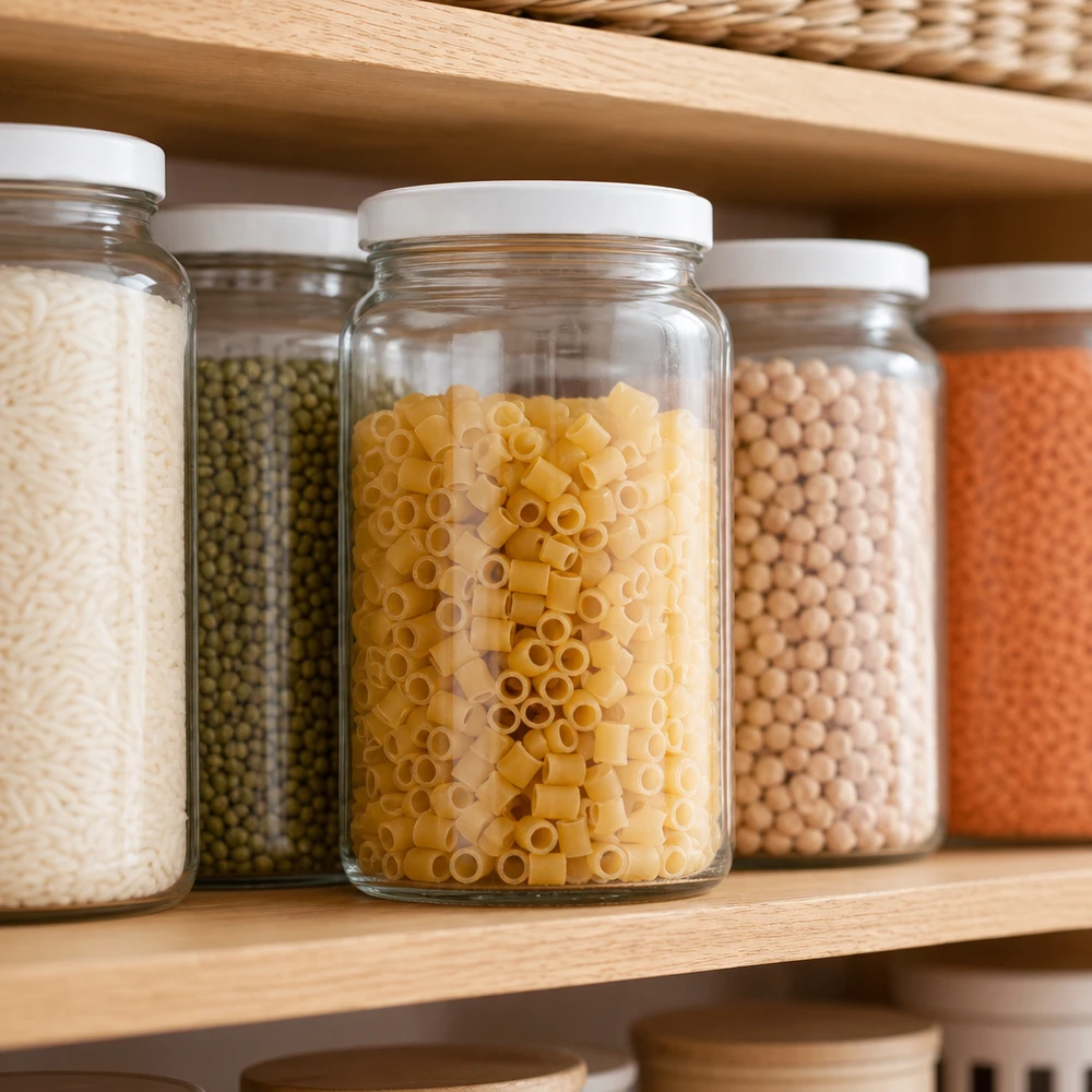 205ml Rundglas mit UNiTWIST Deckel im Vorratsregal zwischen Pasta und Hülsenfrüchten - praktisch für Pantry-Organisation