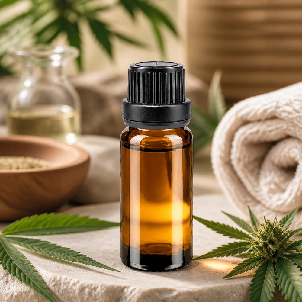Apothekerglasflasche 10ml braun mit 2mm Tropfeinsatz neben Cannabisblättern und Wellnessprodukten