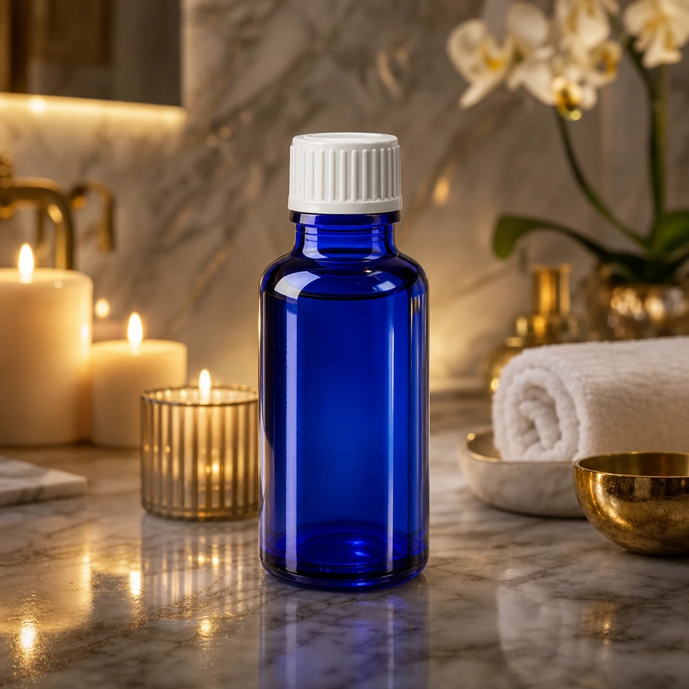Apothekenflasche blau 20ml Schraubverschluss weiß Globuli Standard Kleine blaue Apothekerflasche 20ml aus UV-Schutzglas mit weißem Standardverschluss
