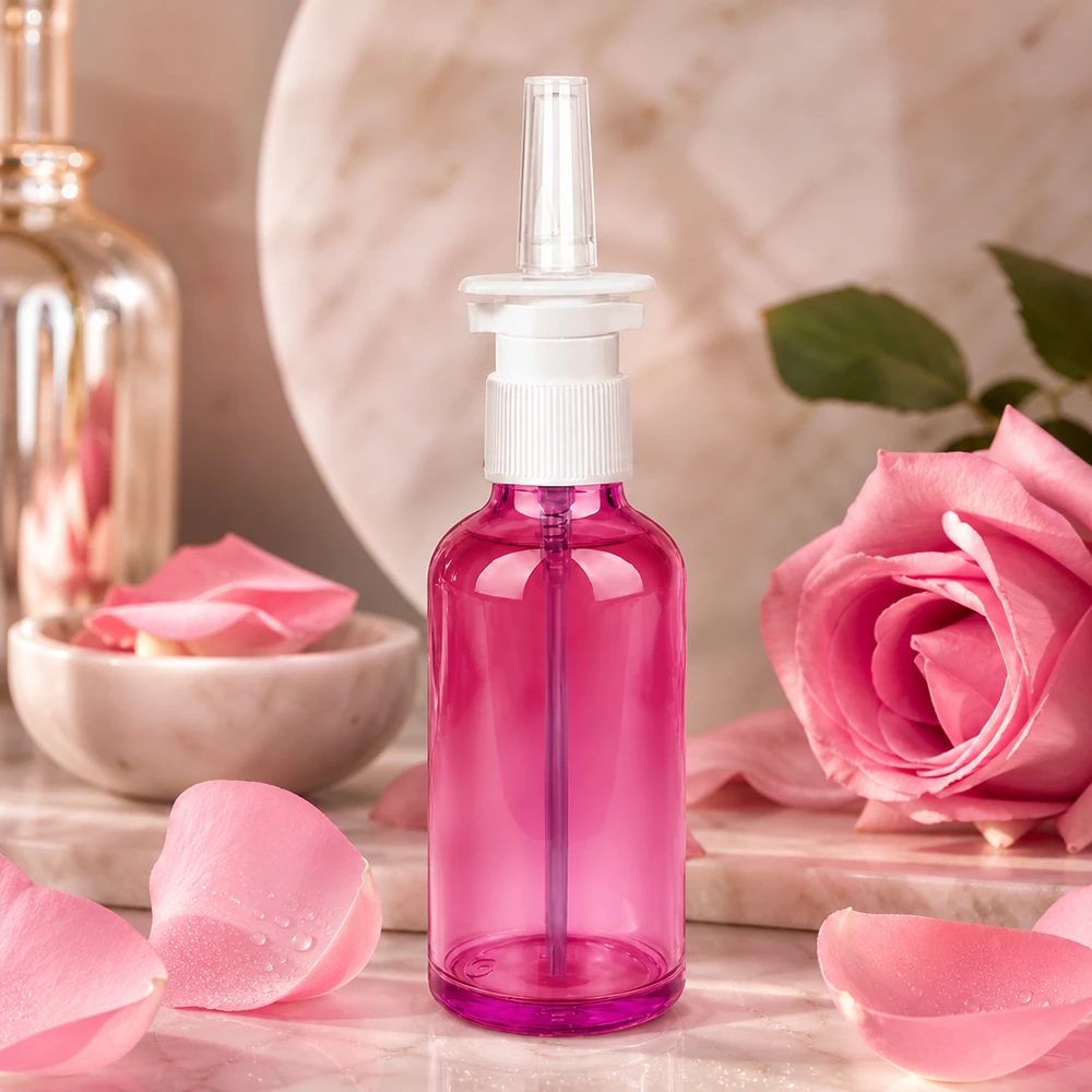 50ml Nasensprayflasche weiß/transparent Standard PurpleLine. UT18/50 Leichte Kunststoffflasche 50ml für Nasensprays in moderner Purple-Farbe mit Zerstäuber