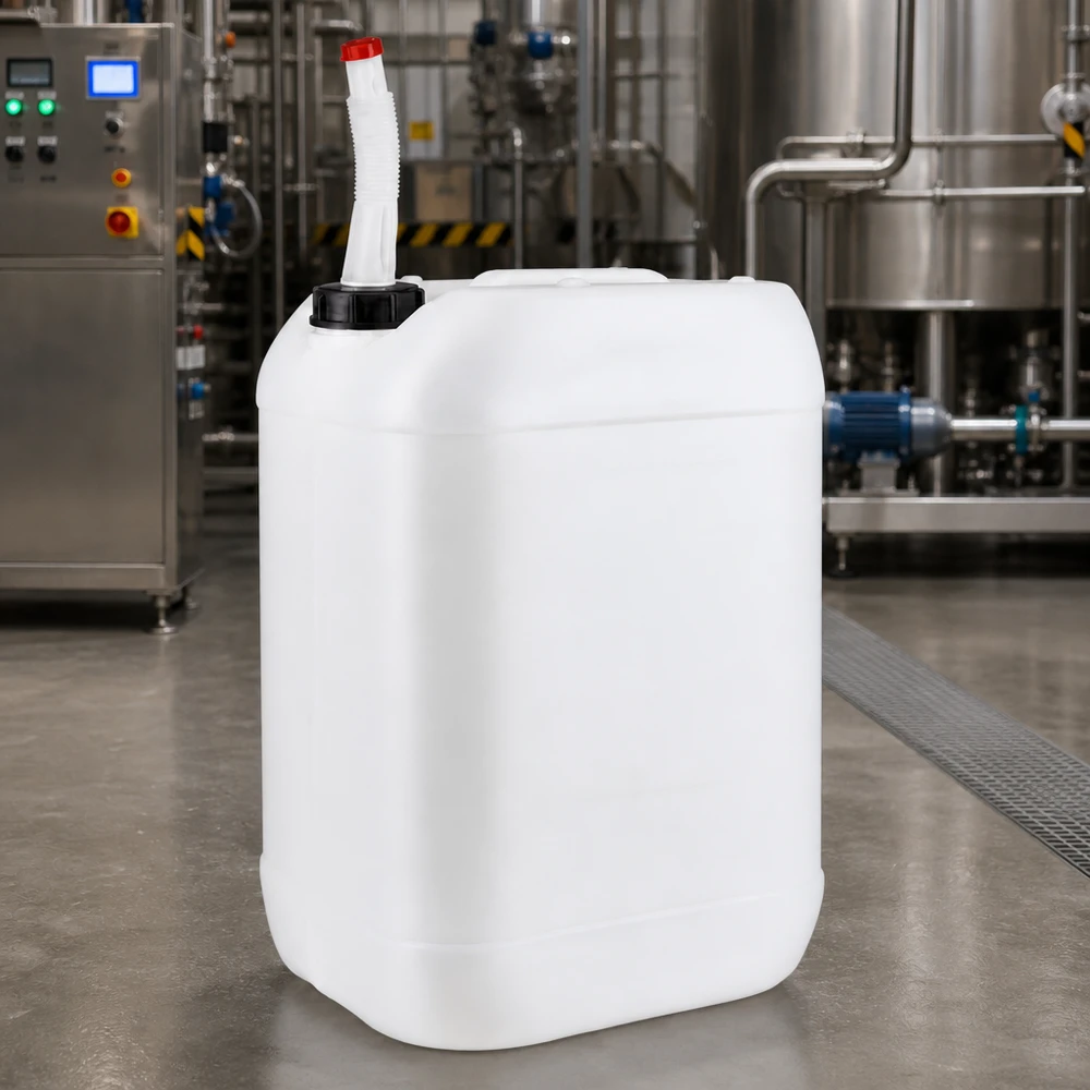 Lebensmittelechter Kunststoffkanister 25 Liter mit flexiblem Einfüllstutzen und schwarzem Schraubverschluss