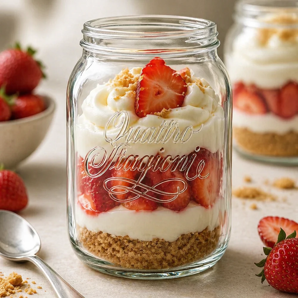 Quattro Stagioni Haushaltsglas 2000ml mit Schichtdessert aus Keksboden Sahne und Erdbeeren als Küchendeko