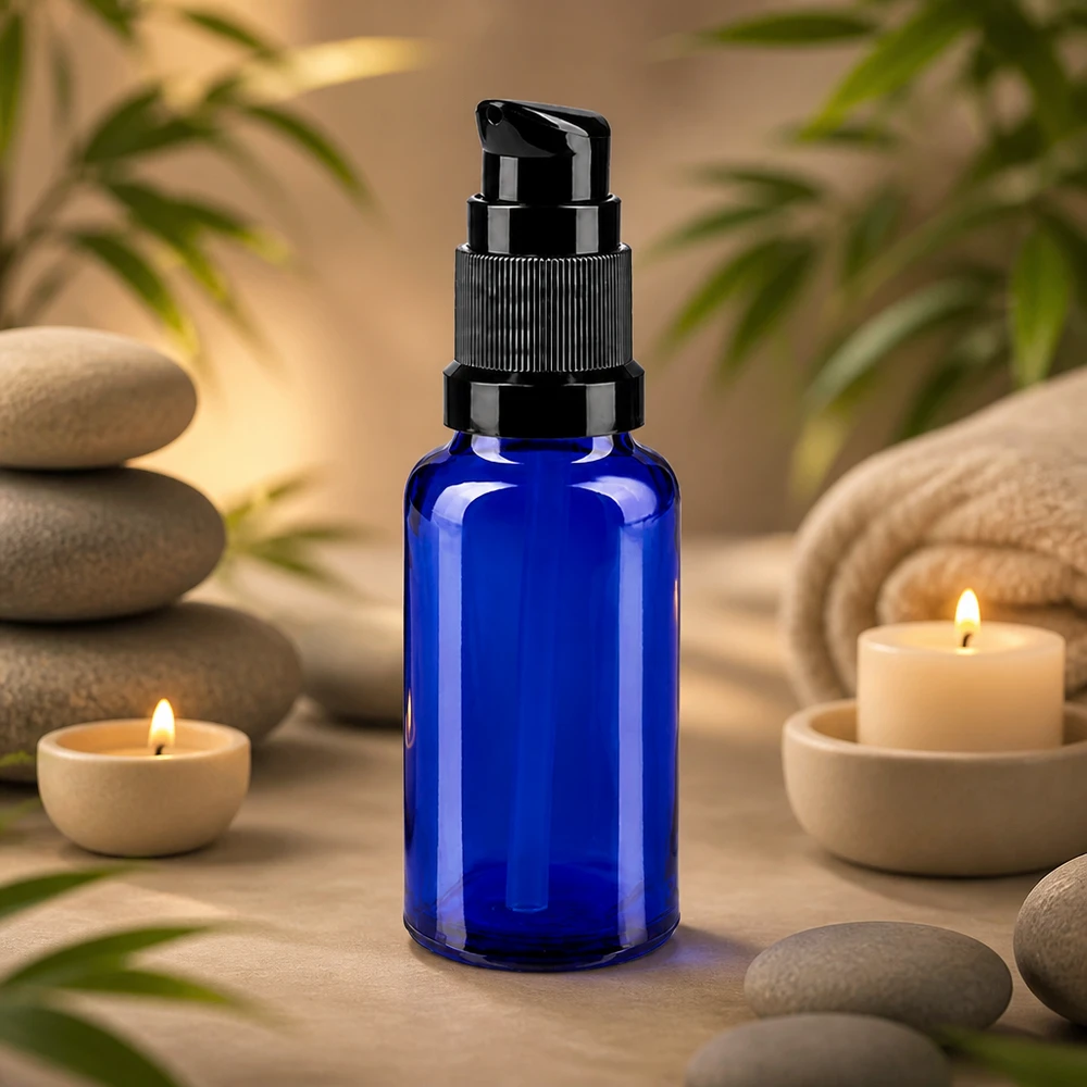 Kobaltblaue Glasflasche 20ml mit schwarzer Dosierpumpe in entspannter Spa-Atmosphäre