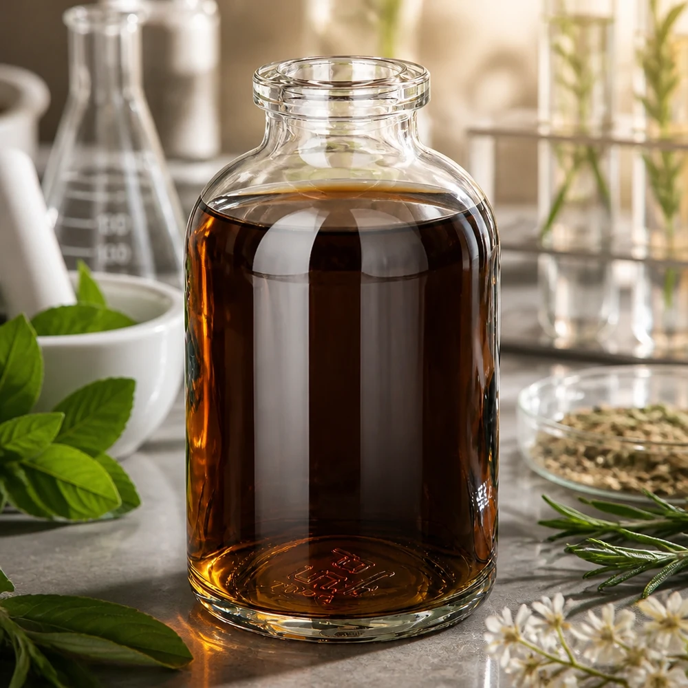 Medizinische Glasflasche 50ml mit dunkelbraunem Kräuterextrakt neben Minze und Rosmarin