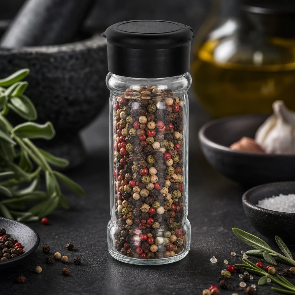 Salz-/Gewürzglas 100ml mit Streuer schwarz Rundes Gewürzglas 100ml mit Schütteldeckel in Schwarz zwischen frischen Kräutern und Knoblauch
