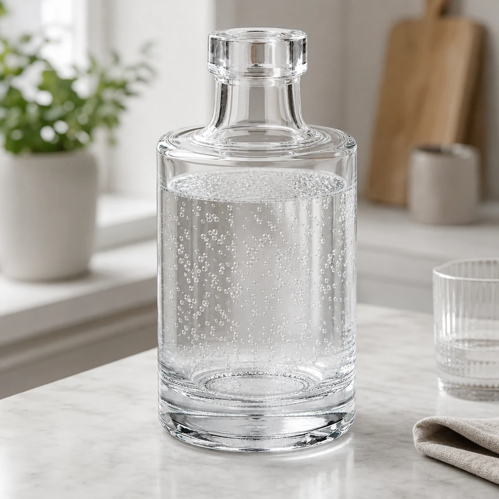100ml Glasflasche Marie mit klarem Wasser und Kohlensäurebläschen in eleganter Küchenambiente mit Glasdeckel