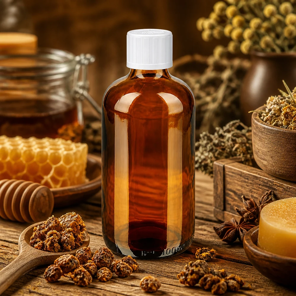 100ml Apothekenglas Bernsteinfarbe weißer Sicherheitsverschluss zwischen Bienenwaben und Kräutern