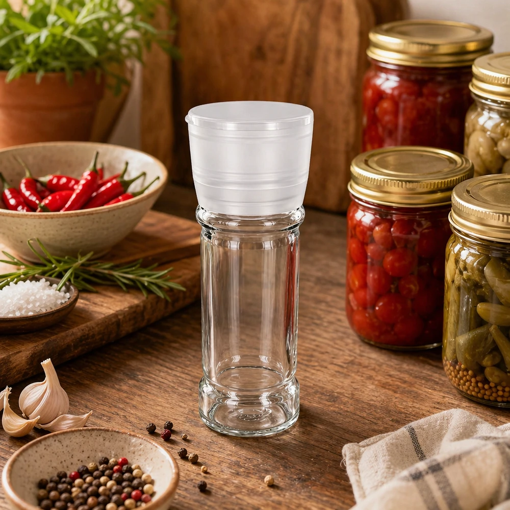 Salz-/Gewürzglas 100ml mit Mühle Vario weiss Transparentes Gewürzglas 100ml mit Kunststoffmühle Vario weiß zwischen Knoblauch und Chili