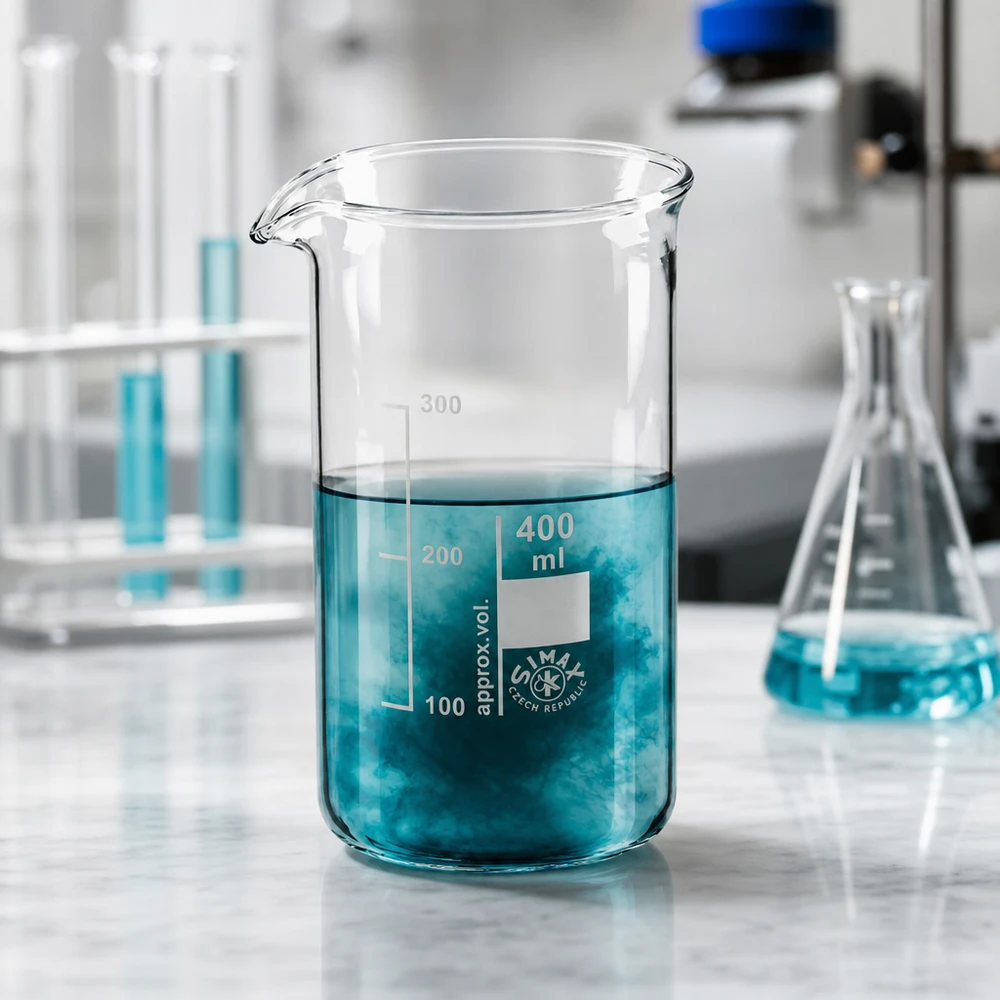 Becherglas 400ml Borosilikatglas, hohe Form Chemikalienbeständiges Becherglas hohe Form 400ml mit türkiser Lösung und präziser Skalierung