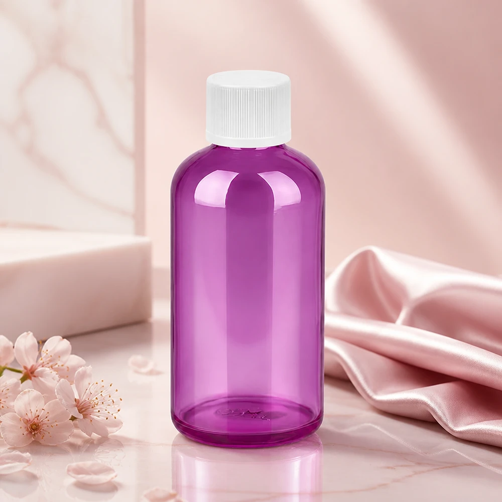 100ml Flasche 11mm Schraubverschluss weiß Standard Kindersicher PurpleLine. UT18/100 Premium quality 100ml bottle in purple transparent design with standard UT18 threading for refillable use