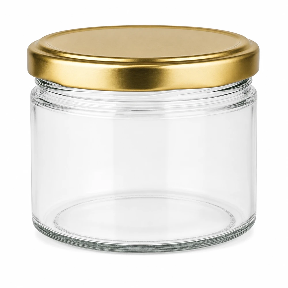 540ml Rundglas leer mit goldenem BasicSeal UNiTWIST Deckel auf weißem Hintergrund