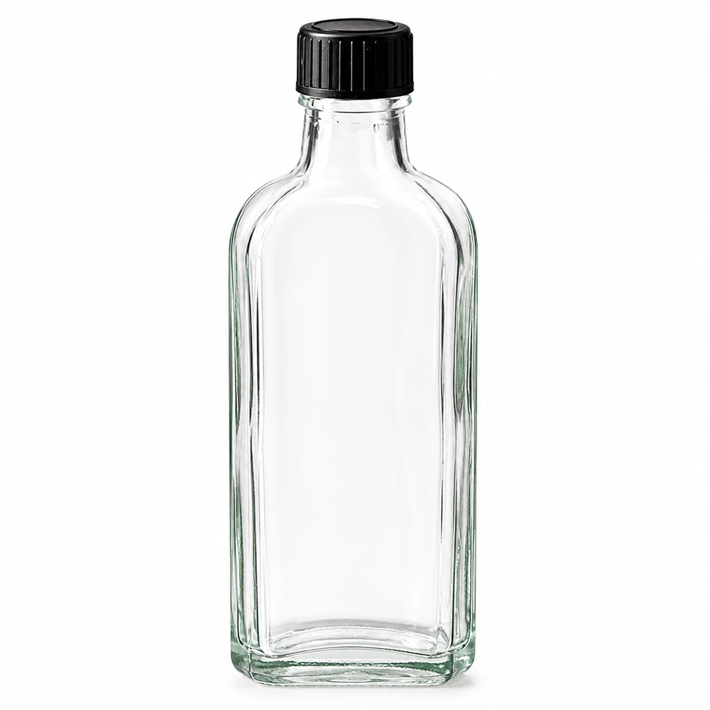 Transparente Meplat Flasche 100ml eckige Form mit schwarzer Schraubkappe