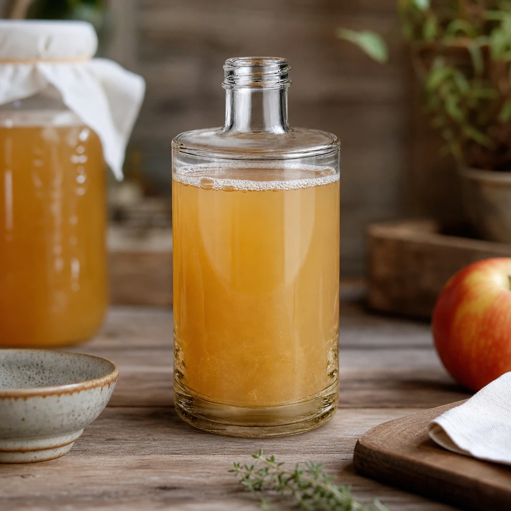 375ml Glasflasche "Sam" ohne Schraubverschluss UNiTWIST 375ml Glasflasche Sam mit Apfelsaft gefüllt auf rustikalem Holztisch mit frischem Apfel und Keramikschale dekoriert