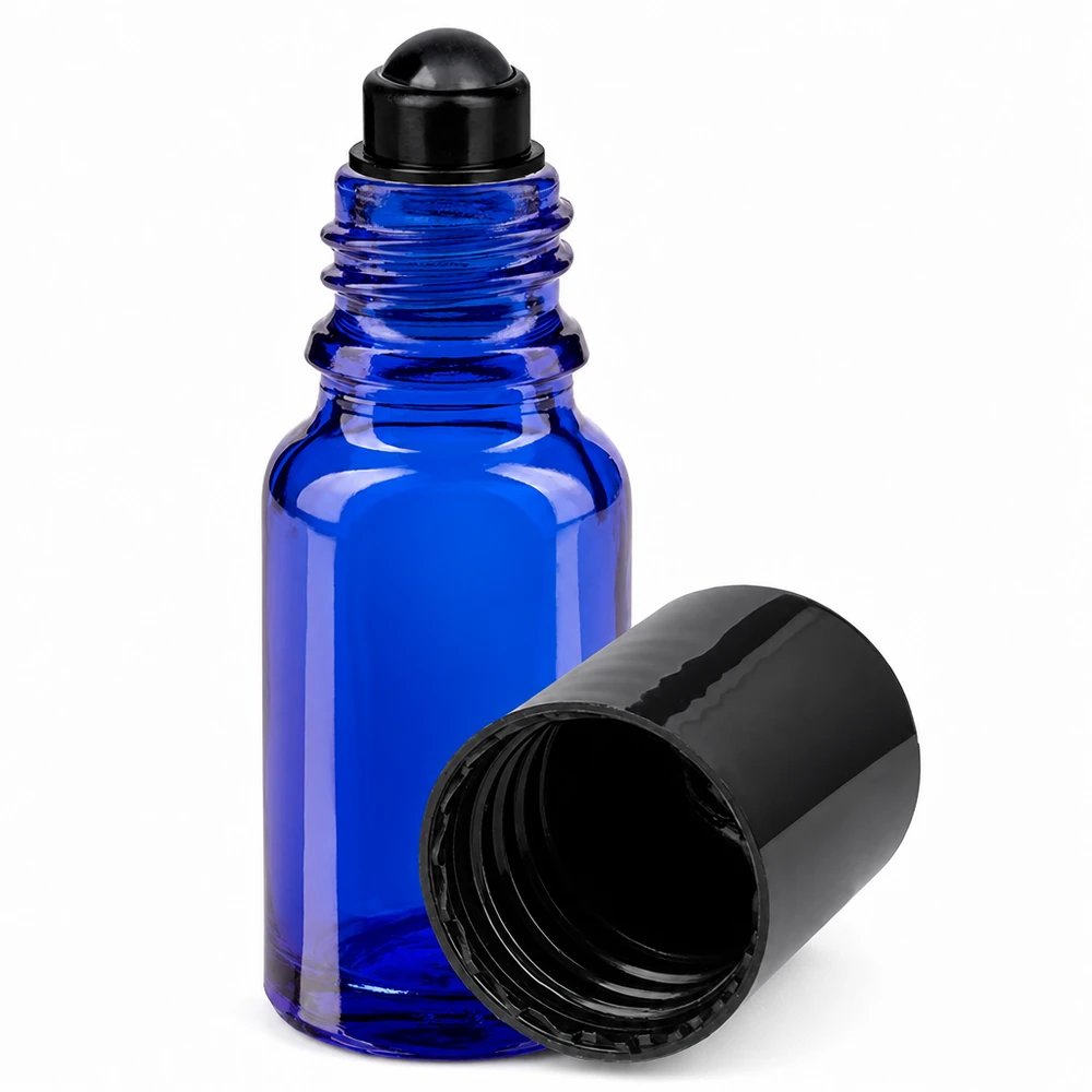 Apothekenflasche blau 10ml Roll-On Verschluss schwarz Kobaltblaue Glasflasche 10ml mit schwarzem Roll-On Applikator für ätherische Öle und Parfum