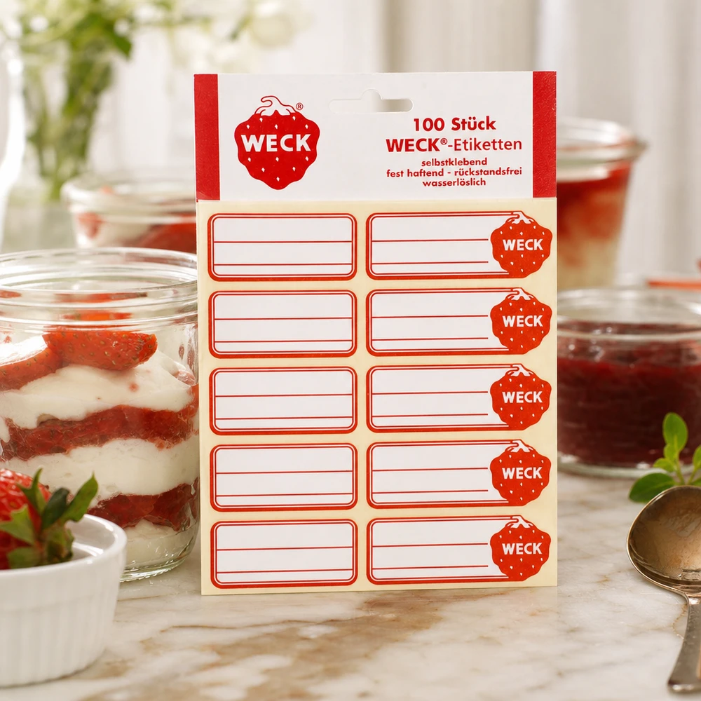 WECK Etiketten Packung mit 100 selbstklebenden Aufklebern neben Erdbeer-Dessert im Glas auf Marmor-Arbeitsplatte