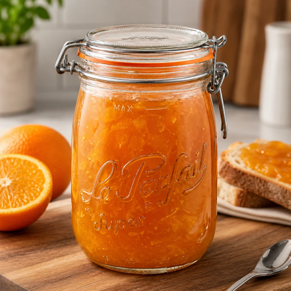 1000ml Le Parfait Super Vorratsglas mit Bügelverschluss gefüllt mit Orangenmarmelade auf Holzbrett mit Orangen