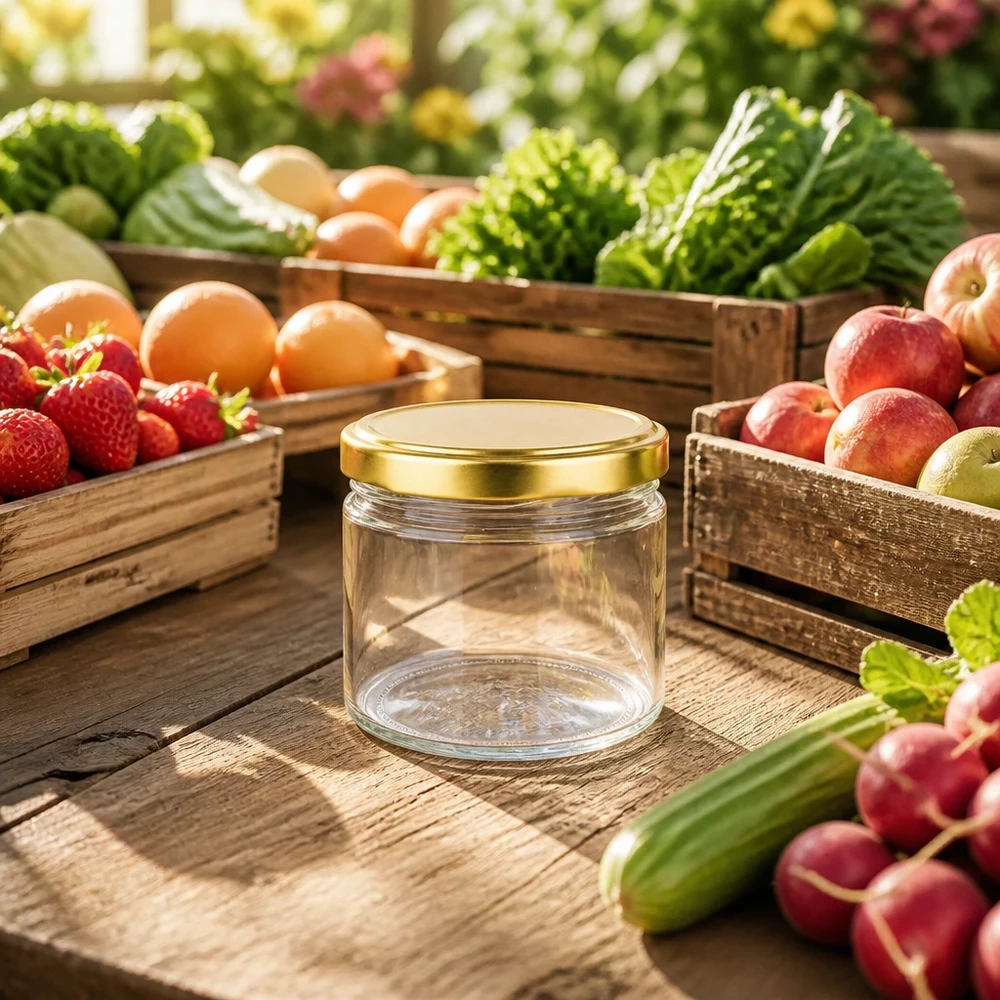 540ml Rundglas mit BasicSeal Deckel gold zwischen frischem Obst und Gemüse auf Holztisch natürliches Ambiente
