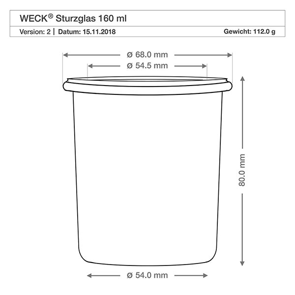 160ml Sturzglas mit Glasdeckel WECK RR60 Technische Zeichnung WECK Sturzglas RR60 160ml mit Maßangaben und Abmessungen für präzise Küchenplanung