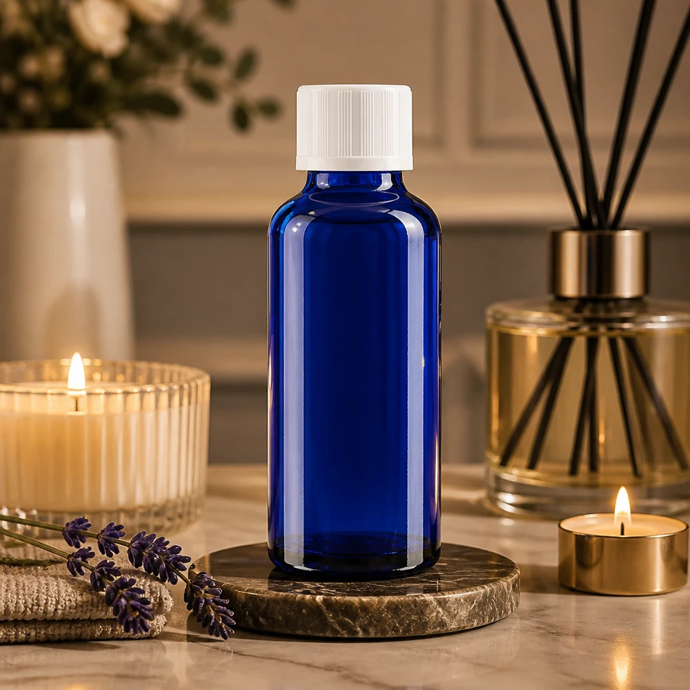 Apothekenflasche blau 30ml Tropfverschluss weiß Kindersicherung Standard 30ml Blauglasflasche mit Tropfeinsatz auf Marmorstein neben goldenem Reed Diffuser und Teelichtern