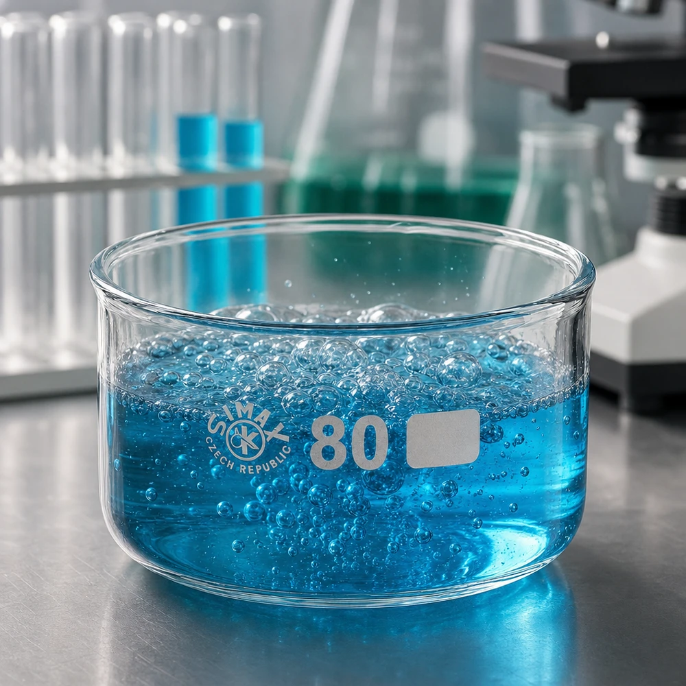 Reagierende blaue Lösung in flacher Laborschale ohne Ausguss 150ml ø80mm SIMAX