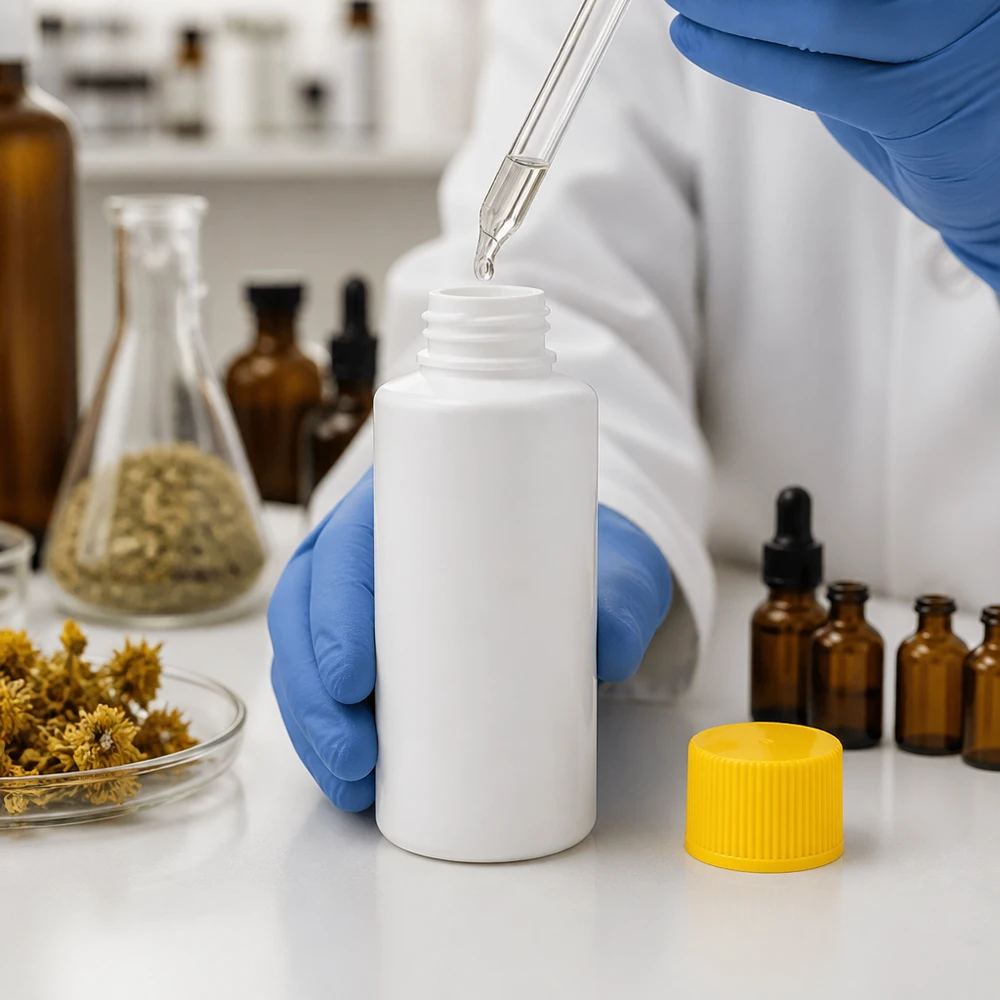 Weiße Apothekenflasche aus HDPE Kunststoff 30ml mit gelbem SV Verschluss