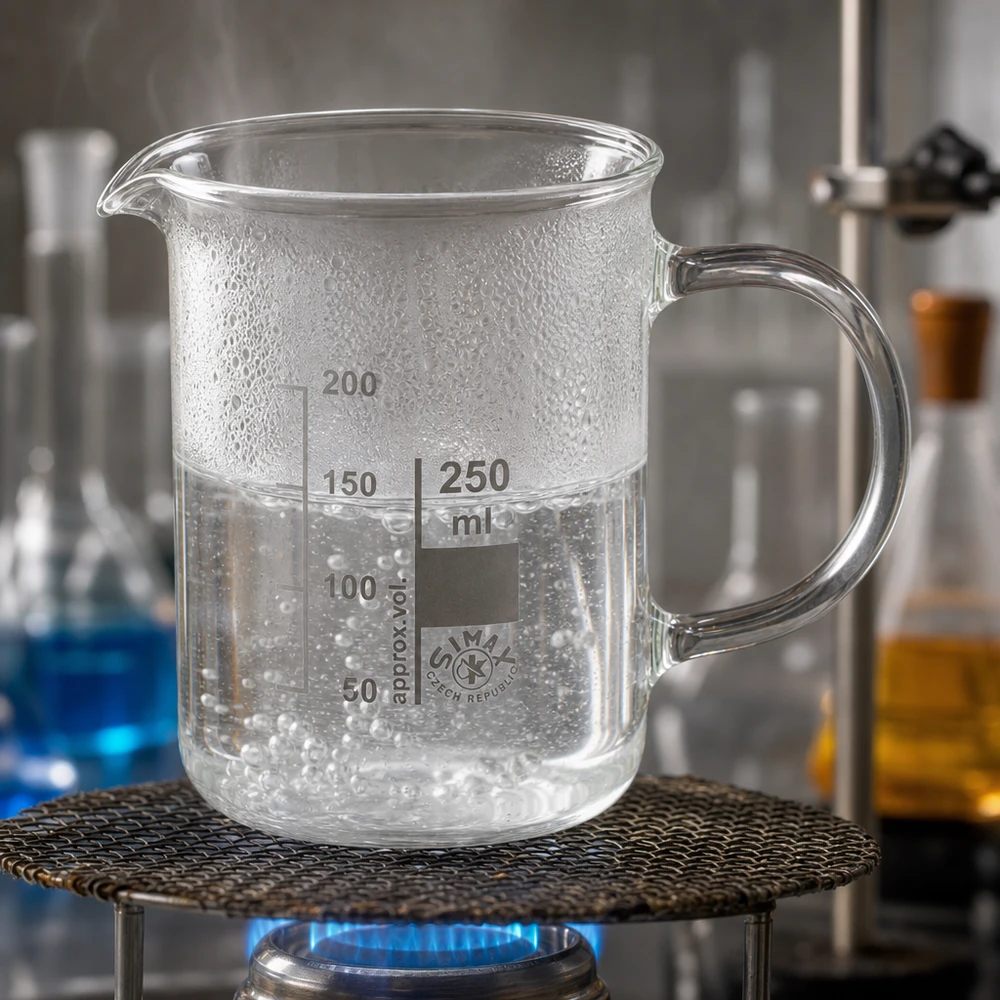 Becherglas 250ml Borosilikatglas, mit Henkel Becherglas 250ml Borosilikatglas mit Henkel und sichtbaren Blasen beim Erhitzen