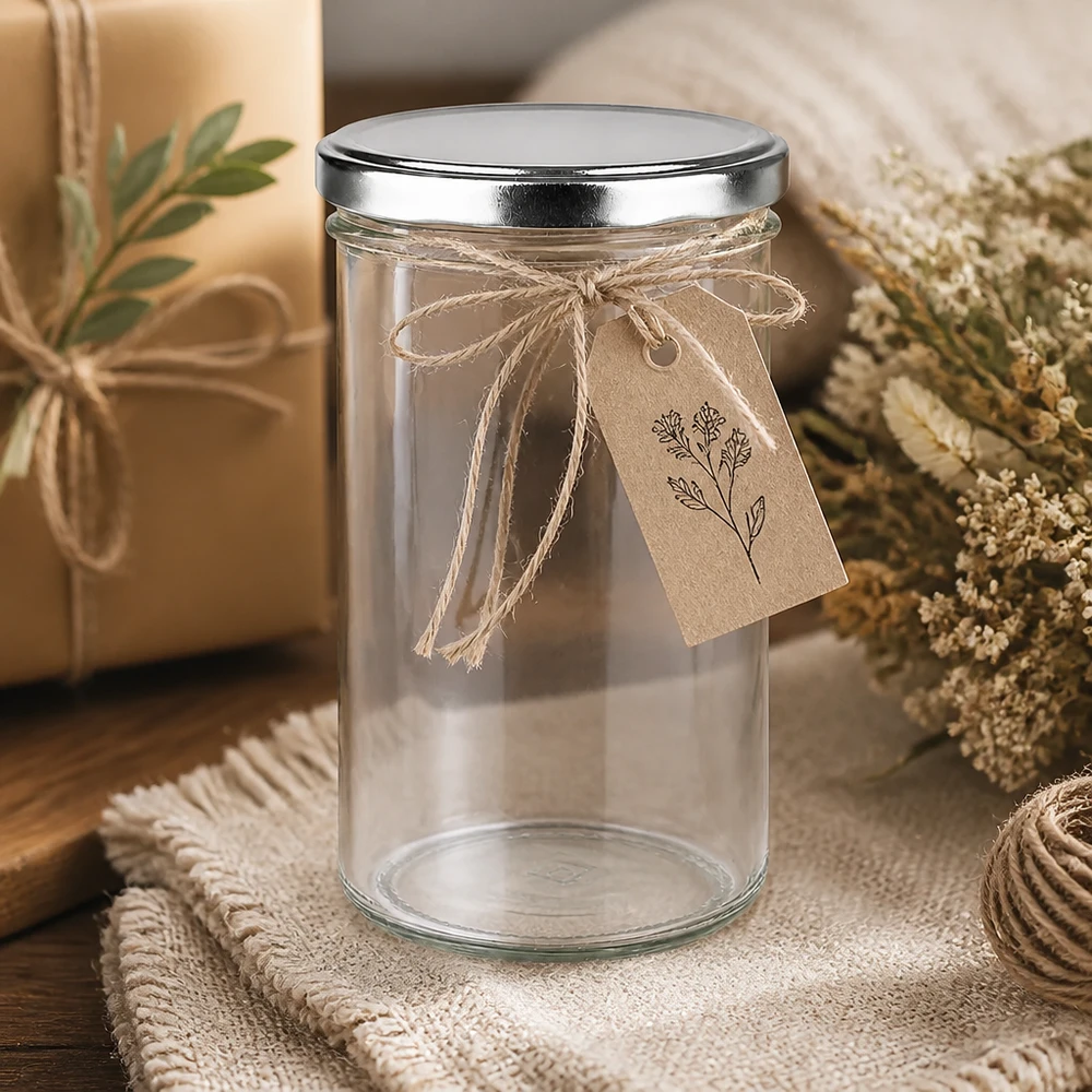 277ml Sturzglas mit BasicSeal Deckel silber dekorativ arrangiert mit Geschenkanhänger und natürlichen Materialien