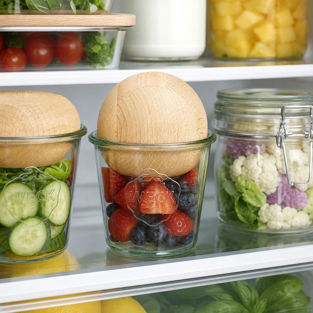 WECK Sturzglas RR100 580ml mit Buchenholzkugel im Kühlschrank zur Frischhaltung von Obst Gemüse und Lebensmitteln