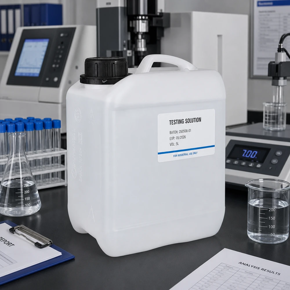 Industriekanister 2,5 L mit Chargennummer und Ablaufdatum auf beschriftungsfertigem Etikett