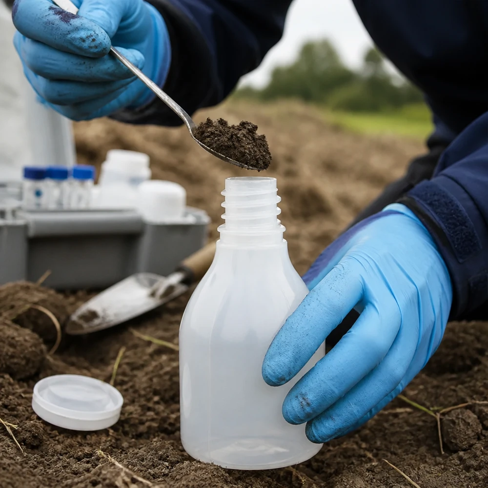 Geowissenschaftler entnimmt Erdprobe in 30ml Laborflasche Enghals ohne Verschluss