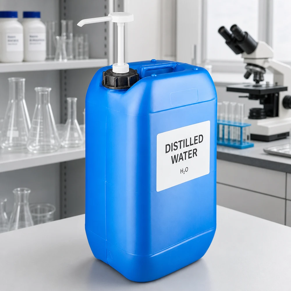 Kanister 15 Liter blau mit Dosierpumpe Großer blauer Vorratsbehälter 15L mit weißer Pumpe im professionellen Laborumfeld