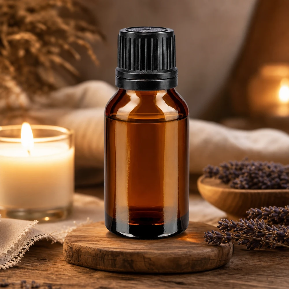 Aromatherapie-Flasche 15ml in Bernsteinbraun mit schwarzem Verschluss neben Lavendelblüten