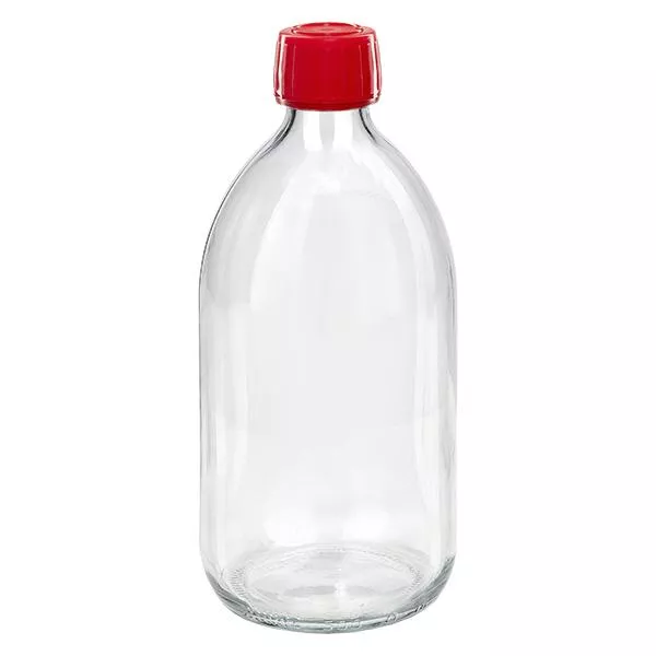 500ml Medizinflasche klar, Verschluss rot mit Originalitätsring ApoGlas 500ml Medizinflasche klar, Verschluss rot mit Originalitätsring ApoGlas