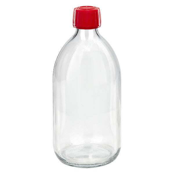 500ml Medizinflasche klar, Verschluss rot mit Originalitätsring ApoGlas 500ml Medizinflasche klar, Verschluss rot mit Originalitätsring ApoGlas