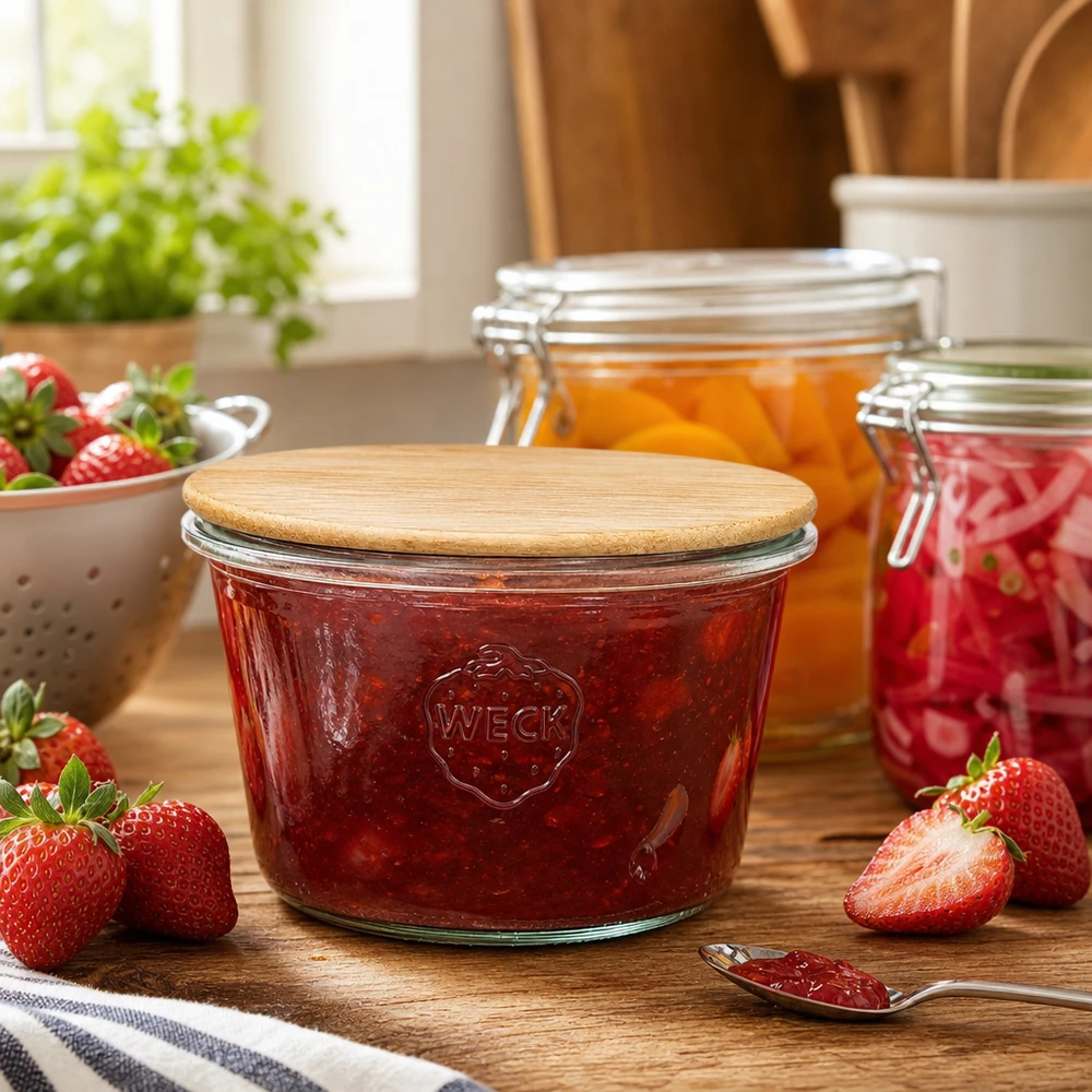 WECK RR100 Sturzglas mit Erdbeermarmelade gefüllt in Küchenambiente mit frischen Erdbeeren und Einmachgläsern