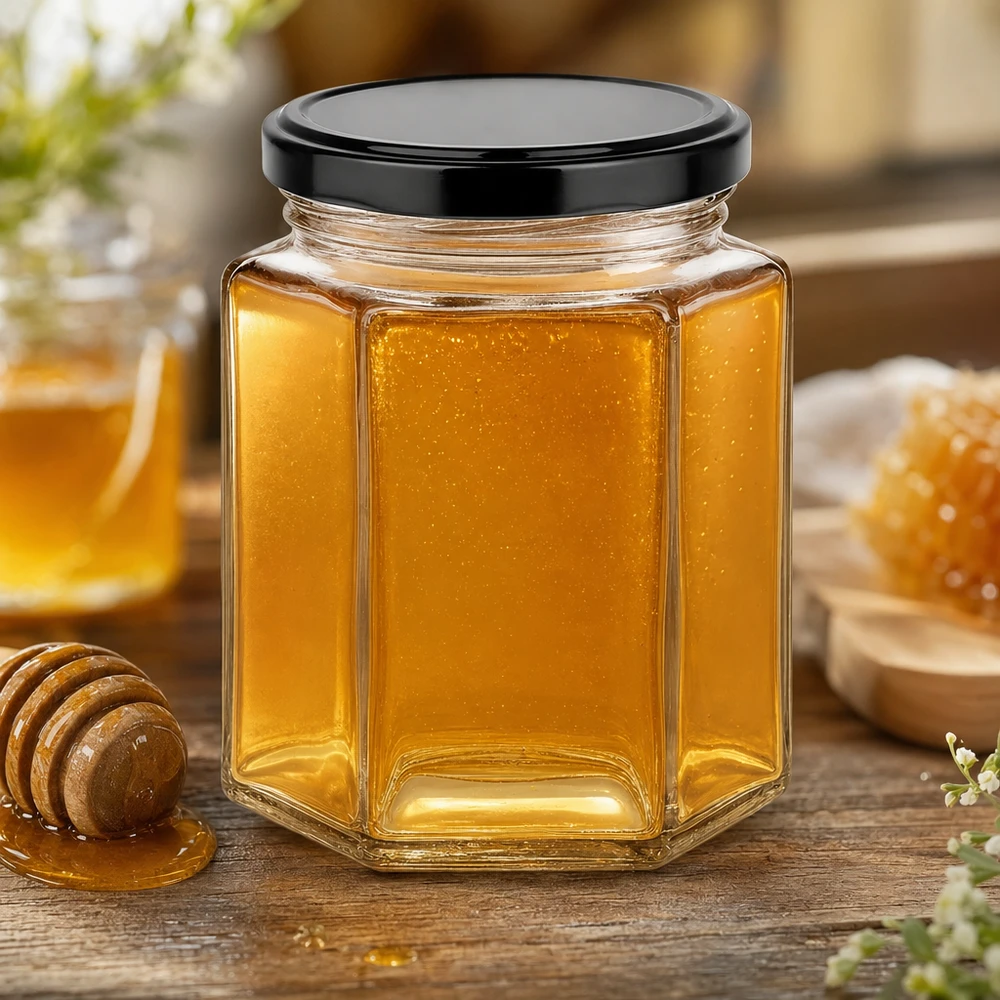 196ml Hexaglas mit BasicSeal Deckel schwarz UNiTWIST 196ml Hexaglas mit schwarzem Deckel gefüllt mit goldgelbem Honig auf rustikalem Holztisch mit Honiglöffel und Blüten