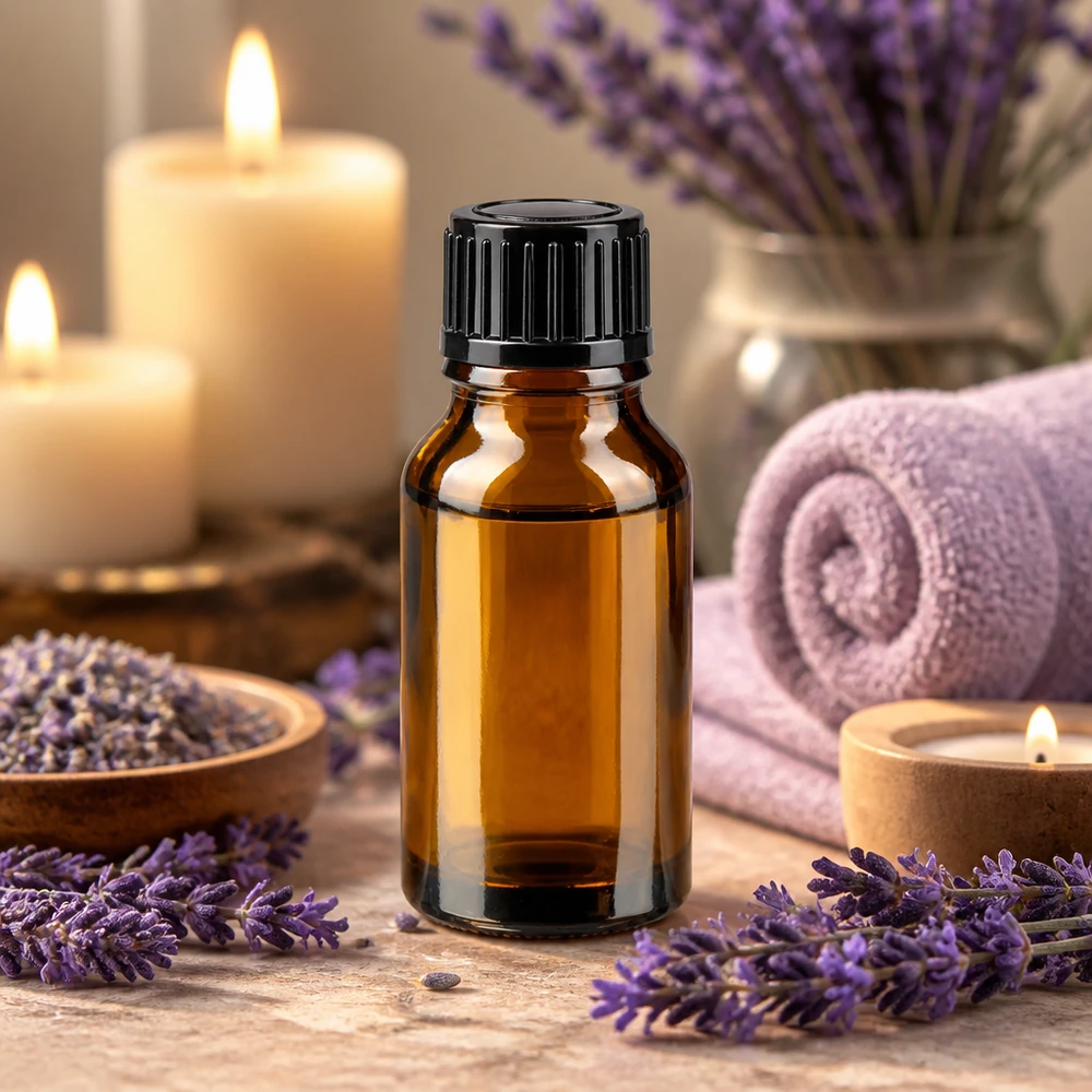 Apothekenflasche braun 15ml Schraubverschluss schwarz Standard Tropfflasche braun 15ml schwarzer Verschluss für ätherische Öle Lavendel Spa Ambiente