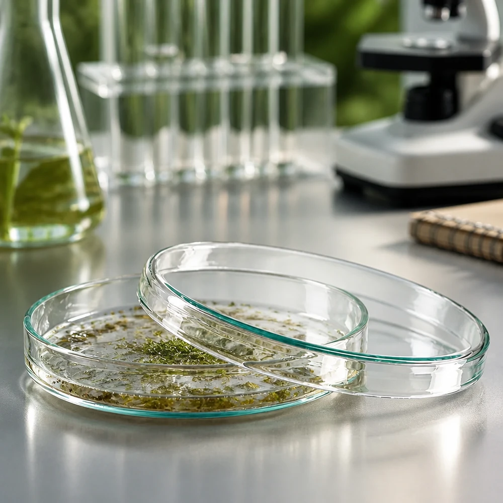 Laborpetrischale Glas 100x15mm geöffnet mit botanischer Probe im Biologielabor