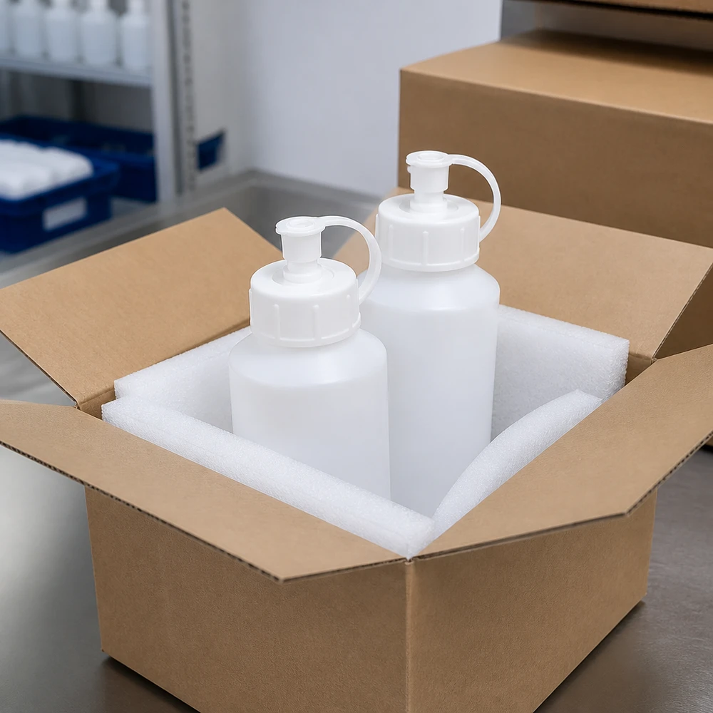 Apothekenflasche HDPE 50ml weiß mit Spritzverschluss HDPE Flaschen weiß mit Kindersicherheitsverschluss in professioneller Pharmaverpackung mit Schaumstoff