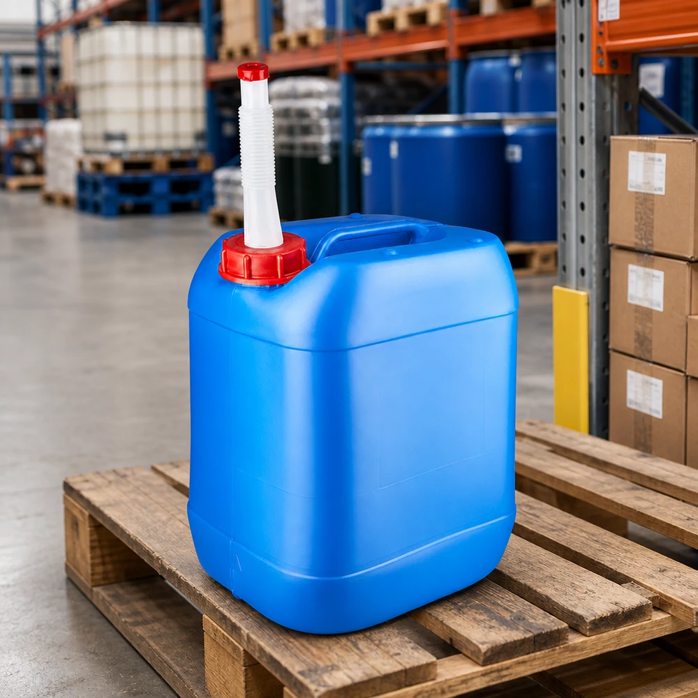 20 Liter Chemikalienkanister mit rotem Schraubdeckel und biegsamem Einfüllrohr in Blau