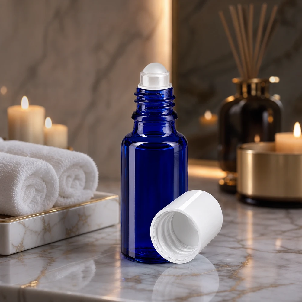 20ml blaue Apothekenglasflasche mit Rollapplikator in entspannter Spa-Atmosphäre mit Raumduft