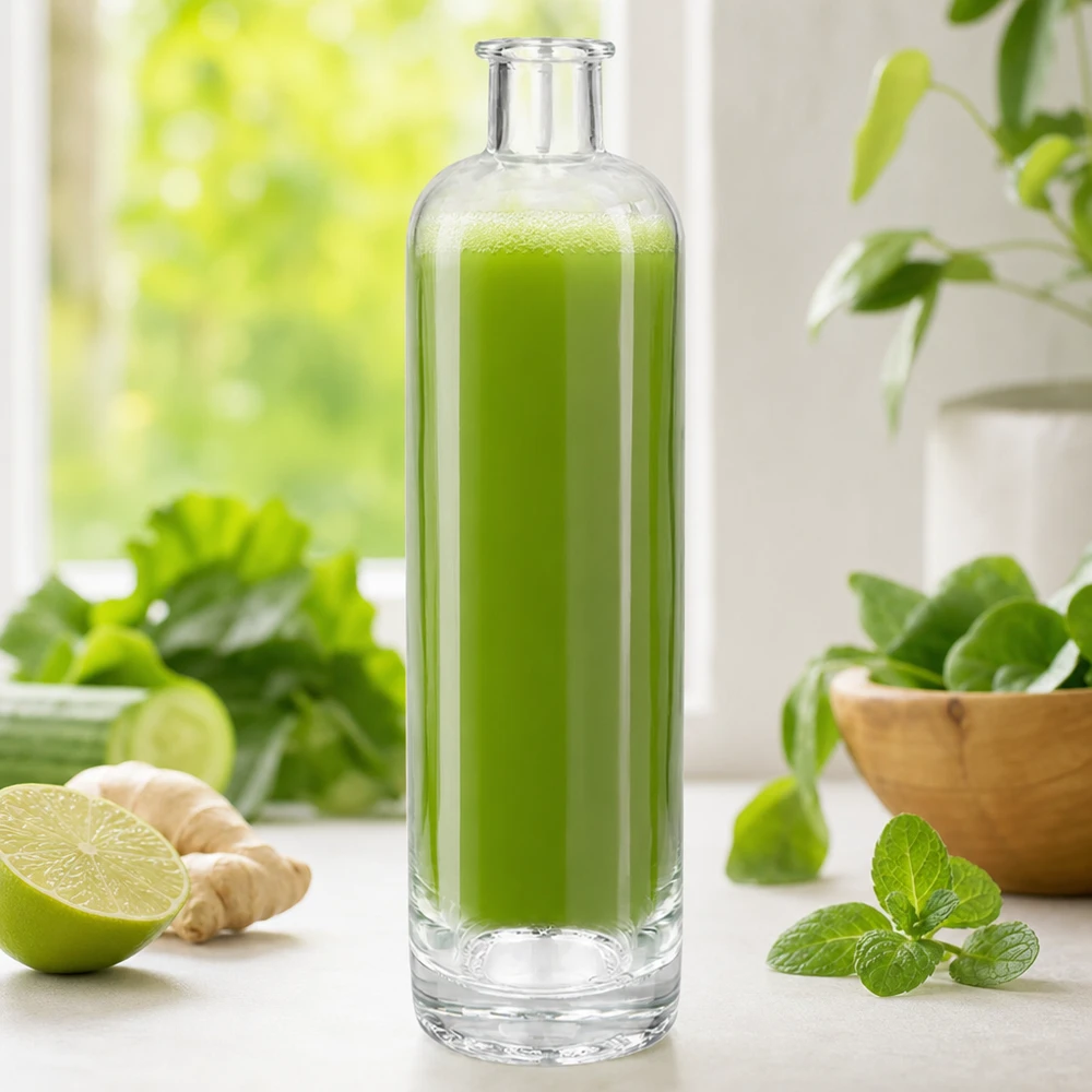 500ml Glasflasche "Ella" ohne Verschluss UNiTWIST 500ml Glasflasche Ella mit grünem Smoothie befüllt neben Limette Ingwer und Minze gesunde Getränke Lifestyle