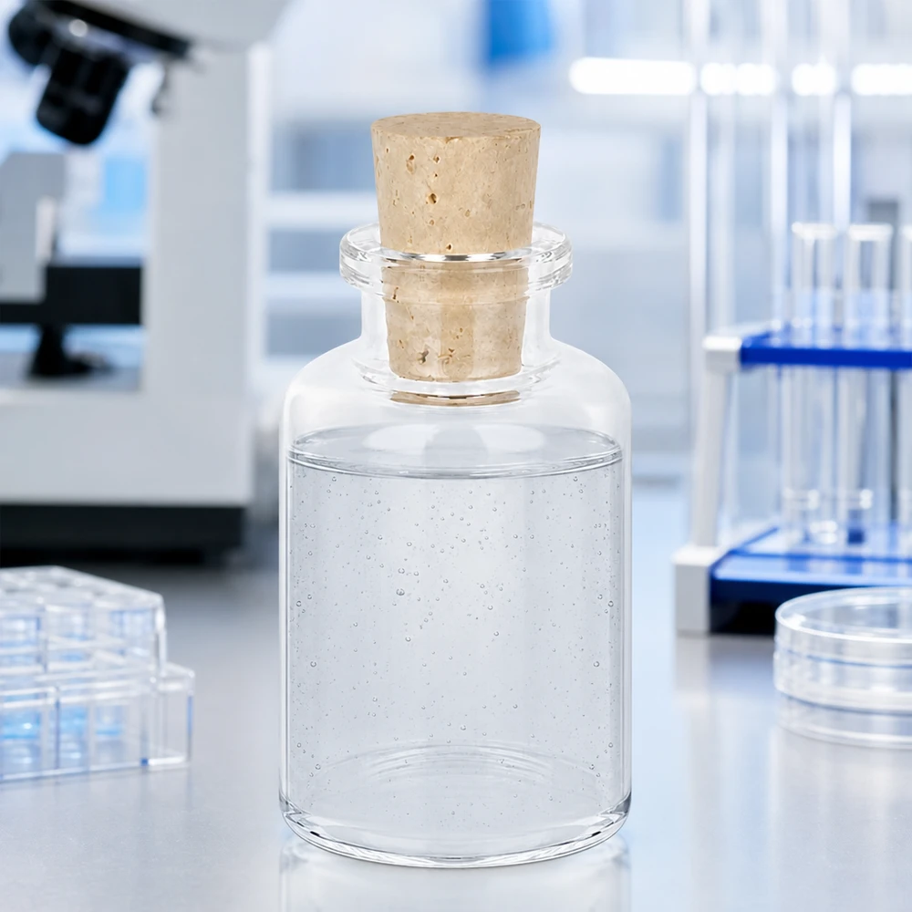 Kompakte Reagenzflasche aus Klarglas 30ml mit Naturkorken neben Mikrotiterplatte und Petrischalen