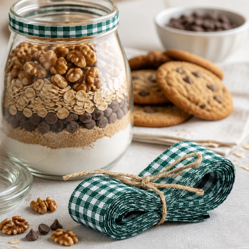 Stoffband grün/weiss zum Dekorieren 300cm Grün-weißes Stoffband 300cm für Backmischung im Glas DIY-Geschenke mit Nüssen Cookies und Kaffeebohnen dekoriert