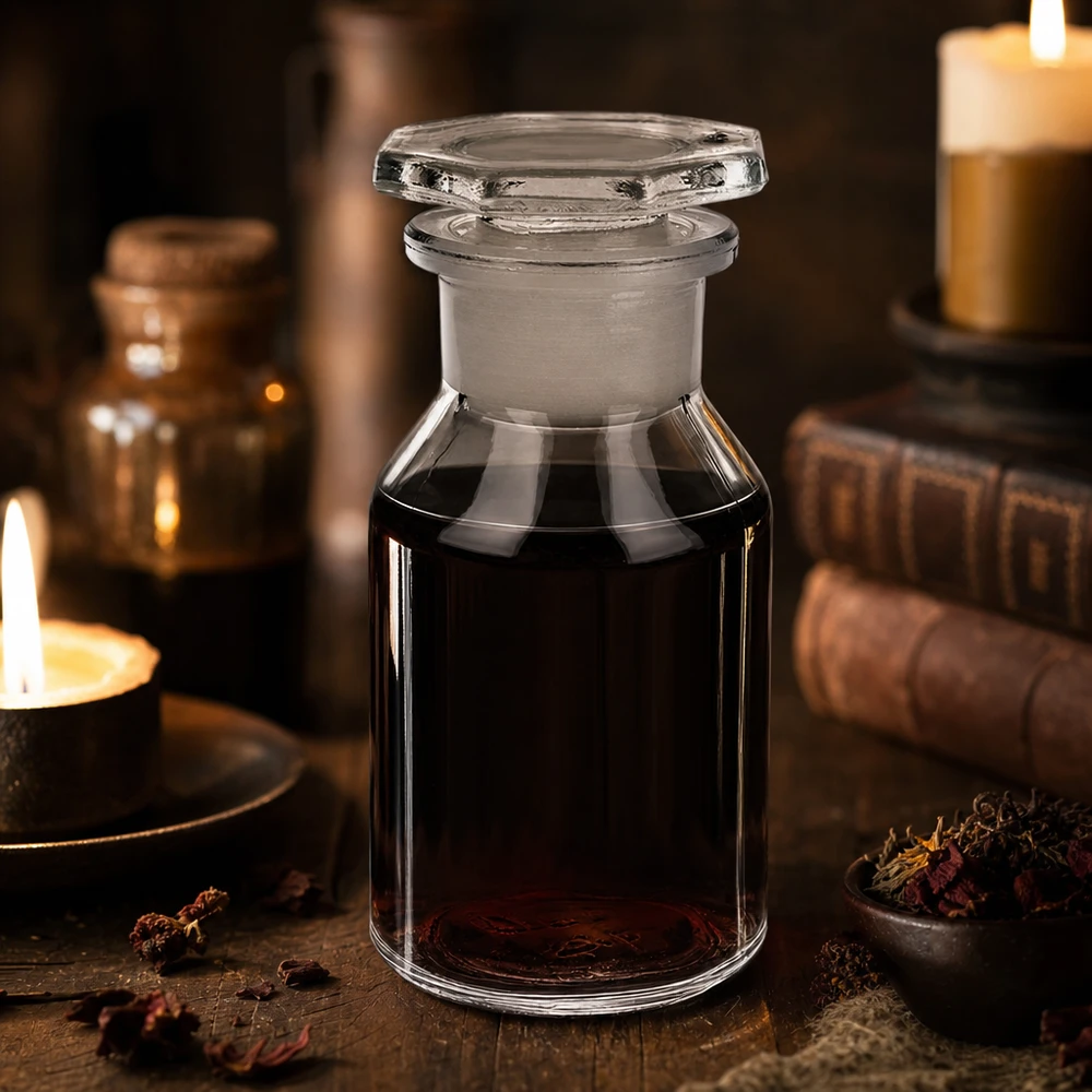 Kleine Apothekerflasche 50ml aus Klarglas mit Weithals und luftdichtem Glasstopfen