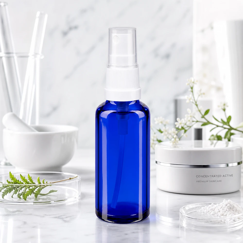 Apothekenflasche blau 30ml Sprayaufsatz weiß 30ml STD Glasflasche in Blau mit transparenter Schutzkappe neben Premium Skincare Produkten