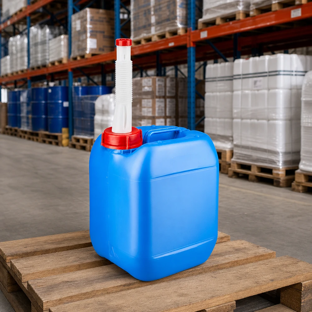 Kleiner blauer Industriekanister 5 Liter mit biegsamem Ausgießer im Großlager
