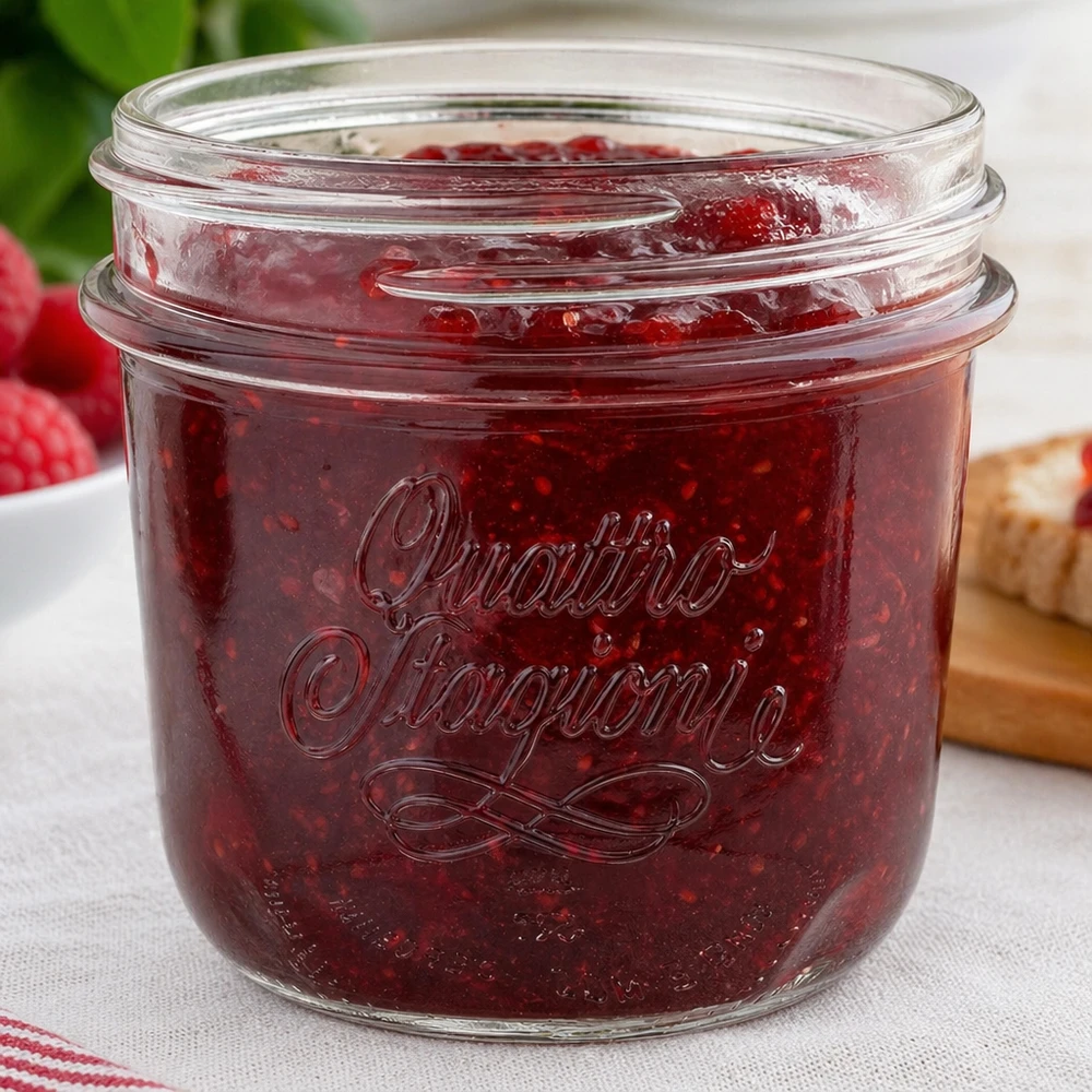 Bormioli Rocco Quattro Stagioni 200ml Einmachglas mit roter Marmelade gefüllt für Konservierung und Aufbewahrung