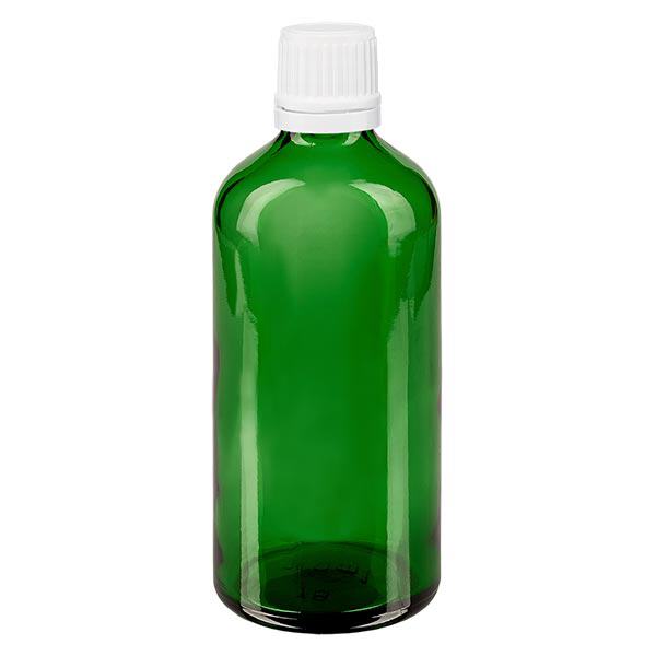 Apothekenflasche grün 100ml Tropfverschluss 1.2mm weiß Originalitätsverschluss Apothekenflasche grün 100ml Tropfverschluss 1.2mm weiß Originalitätsverschluss