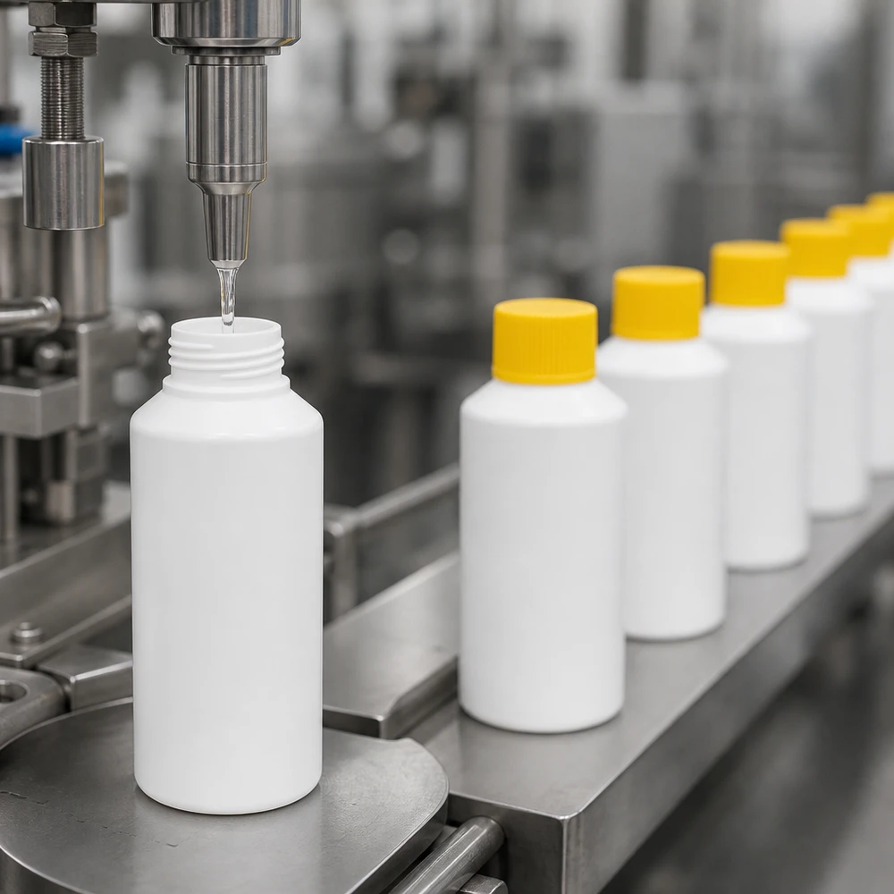 Kompakte zylindrische Apothekenflasche HDPE 50ml weiß mit gelbem SV in Reinraumproduktion